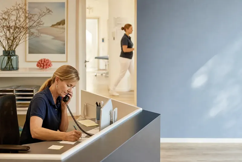 Eine Mitarbeiterin koordiniert telefonisch einen Termin am Praxisempfang.