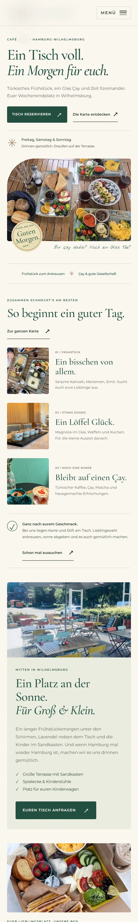 Entwurf für Frühstückscafé in Wilhelmsburg: Startseite auf dem Handy, Name des Betriebs unkenntlich gemacht