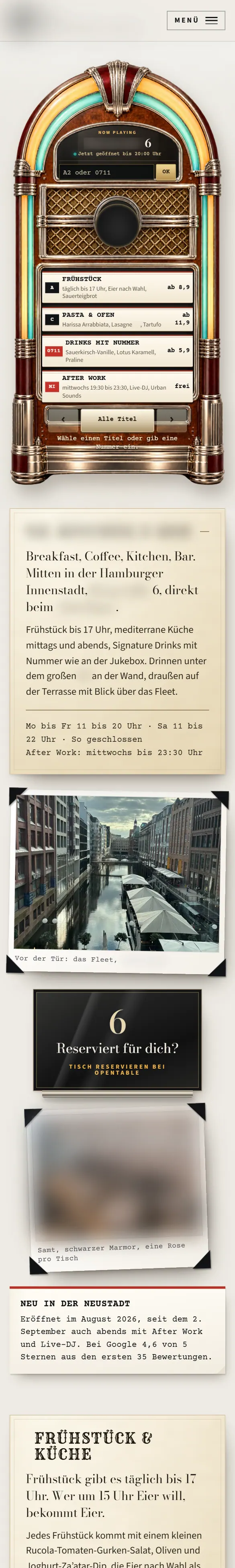 Entwurf für Restaurant & Bar in Neustadt: Startseite auf dem Handy, Name des Betriebs unkenntlich gemacht