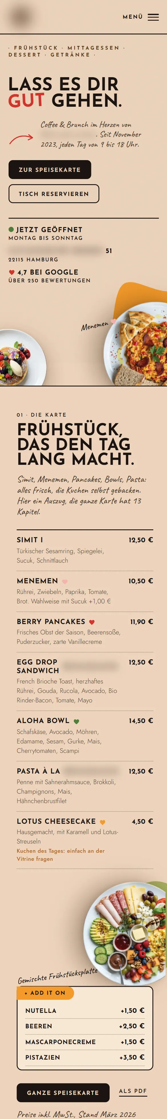 Entwurf für Café & Restaurant in Billstedt: Startseite auf dem Handy, Name des Betriebs unkenntlich gemacht