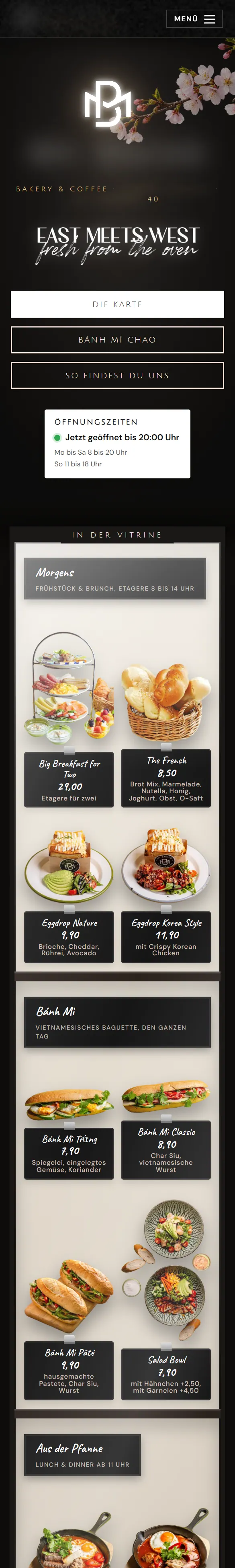 Entwurf für Bakery & Coffee in Innenstadt: Startseite auf dem Handy, Name des Betriebs unkenntlich gemacht