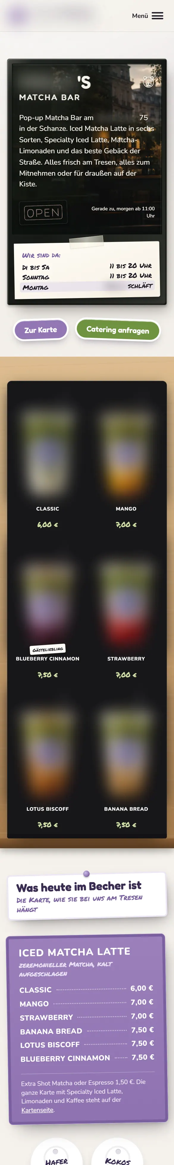 Entwurf für Matcha-Bar in Sternschanze: Startseite auf dem Handy, Name des Betriebs unkenntlich gemacht