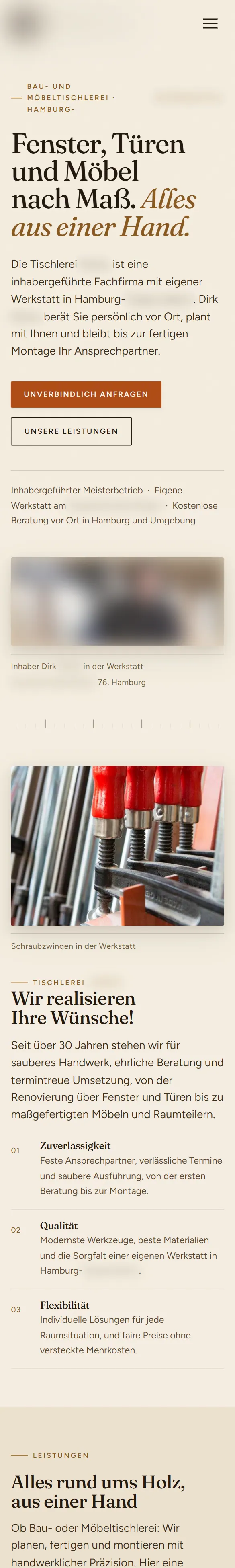 Entwurf für Tischlerei in Norddeutschland: Startseite auf dem Handy, Name des Betriebs unkenntlich gemacht